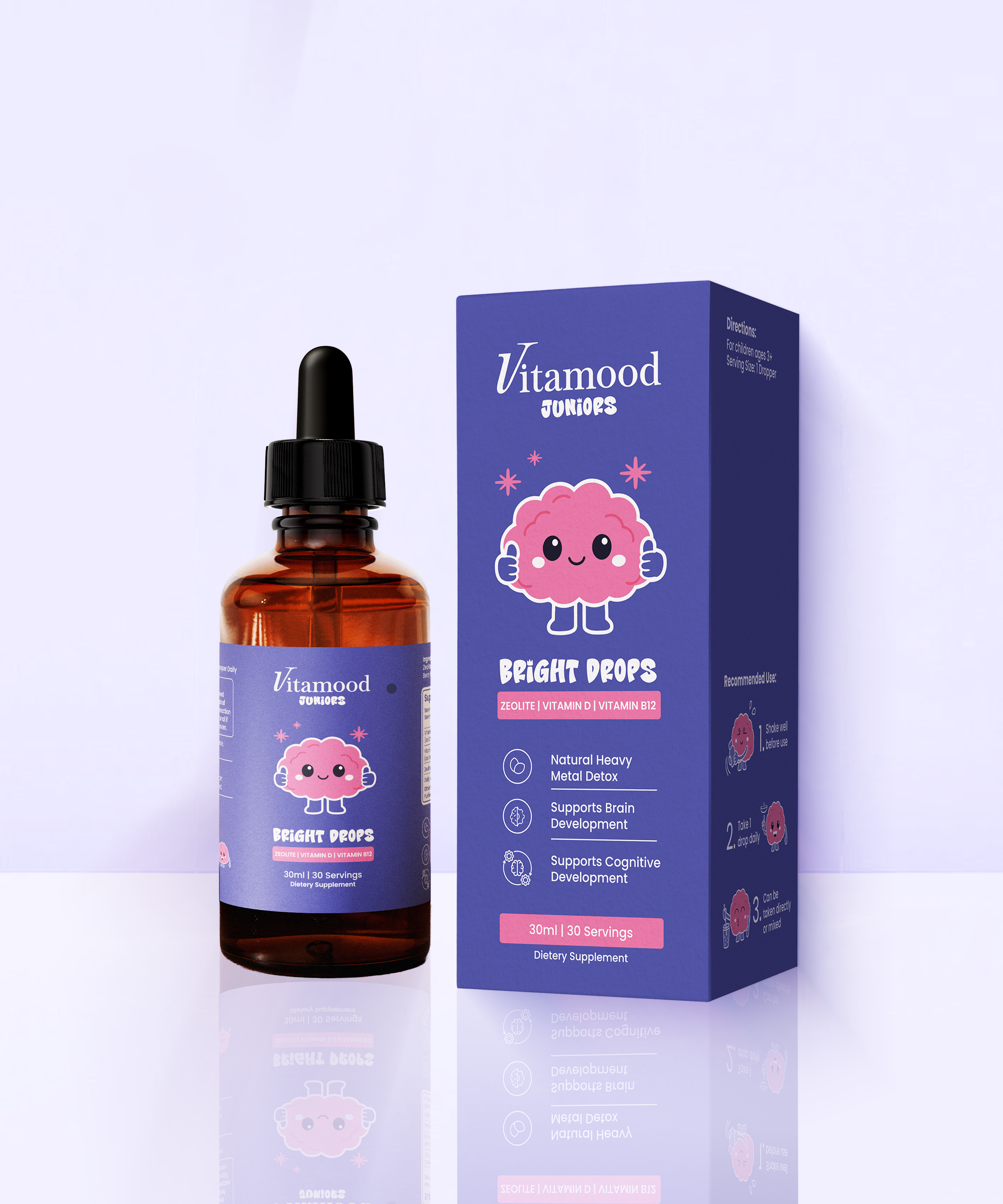 Vitamood Juniors Bright Drops dropper bottle and box with zeolite, vitamin D and vitamin B12