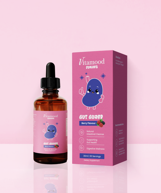 Vitamood Juniors Gut Guard berry flavour gut health dropper bottle and box