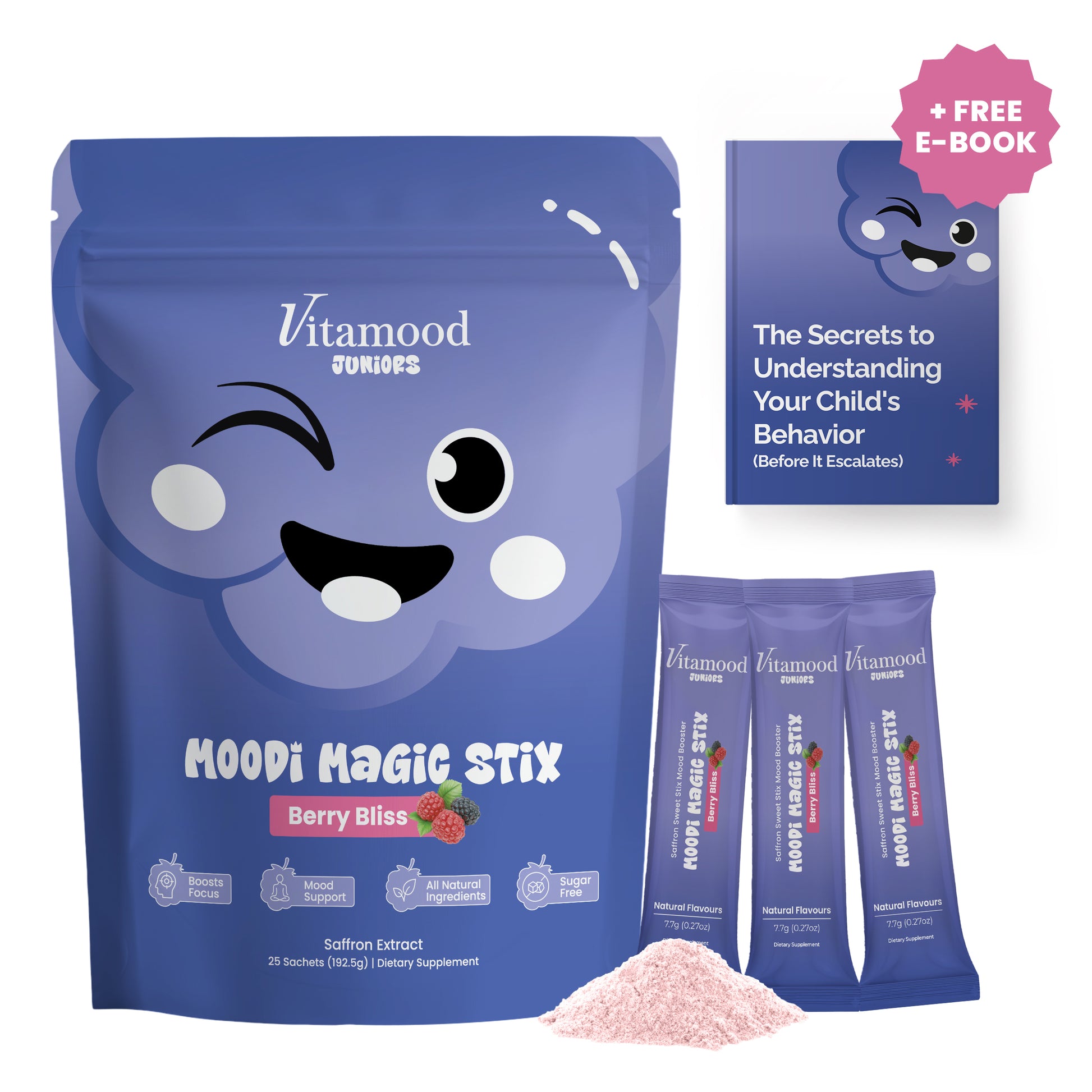 Vitamood Stix saffron mood and focus drink sticks for kids – front of pack
